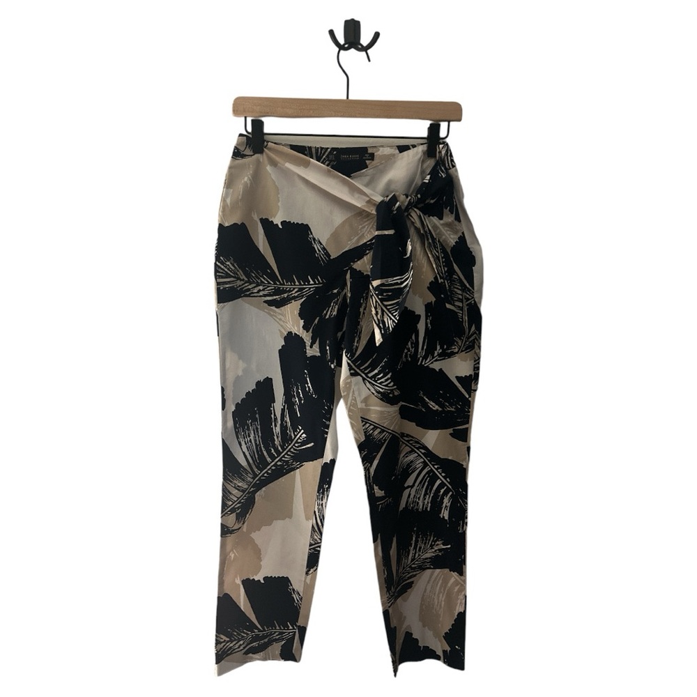 Zara Basic Collection Tie Front Cropped‎ Pants Black Beige Leaf Print S